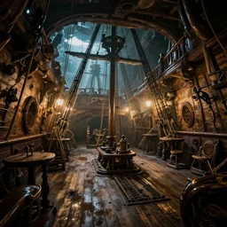 interior of a shipwrecked pirate ship, stunning atmosphere, high octane, cinematic lighting 4 k - - aspect
