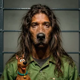 closeup prison mugshot of shaggy, dramatic lighting, dirty green clothes, posing with a scooby snack, low saturation, somber expression, long hair, 1 9 7 0 s, smooth face, soft vignette, soft focus, 5 0 mm, 4 k, scooby doo screenshot, photograph by annie leibovitz