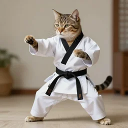 realistic photo of a humanoid cat wearing a karate uniform in fighting pose, black belt
