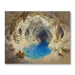 stunning landscape of the beige calcite caves and clear blue lakes underground, intricate details, digital art by rob gonsalves, oil on canvas by ivan shishkin