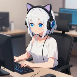 anime girl, short white hair, blue eyes, wearing cat ear headphones, sitting at desk at keyboard, programming, pixiv, anime