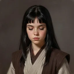portrait of a woman by greg rutkowski, young jedi knight, black hair with bangs, goth girl vibes, sleepy eyes, star wars expanded universe, she is about 2 0 years old, wearing jedi robes highly detailed portrait, digital painting, artstation, concept art, smooth, sharp foccus ilustration, artstation hq