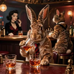 a biped rabbit wearing a tie is drinking a whyskey at the bar of a 4 0 s jazz club with a biped lady cat dressed like a femme fatale, warm color palette, night time, dramatic lighting, noir film, character sheet, fine details, high contrast, blacksad, kim jung gi, greg rutkowski, trending on artstation, 8 k, front view, back view, ultra wide angle