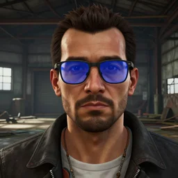 a hyper - realistic portrait of a strange man with blue glasses reflecting the light, in front of a disused warehouse, video game, 3 d, 8 k, gta