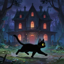 black cat running in rendering of a scene of a haunted house ， by makoto shinkai and thomas kinkade, fantasy matte painting, trending on cgsociety and unreal engine ， light effect ， highly detailed ， super wide angle