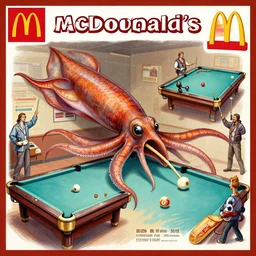 a giant squid playing billiards and winning in a mcdonalds's, detailed scientific diagram