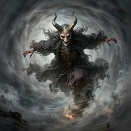 a flying wizard with horned mask surrounded by a tornado, art by artgerm and greg rutkowski and alphonse mucha, detailed, realistic, long hair, levitating wizard, inside the tornado, ultra realistic, concept art, intricate details, feral, eerie, highly detailed, dark fantasy, photorealistic, octane render, 8 k, unreal engine 5.