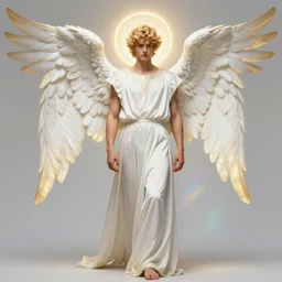 fullbody portrait of a beautiful young fit male angel with curly blond hairs, full dressed in long fluent clothes, majestic big dove wings, luminous halo, by greg rutkowski and alphonse mucha, gradient white to gold, in front of an iridescent background, highly detailed portrait, digital painting, artstation, concept art, smooth, sharp focus illustration
