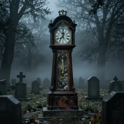 graveyard at night with monolithic grandfather clock, gloomy and foggy atmosphere, time travel, octane render, rembrandt, cgsociety, artstation trending, horror scene, highly detailed