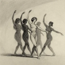 the three graces dancing with their shadows, sketch, minimalism, intricate, full body, cinematic, golden ratio