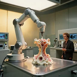 a complex. bifurcated robotic cnc surgical arm cybernetic symbiosis hybrid mri 3 d printer machine making organic ceramic fractal forms by wayne barlowe and beeple in the glass room laboratory with control panels, golden hour lighting, film still from the movie directed by denis villeneuve with art direction by wayne barlowe and salvador dali, wide lens, f 3 2,