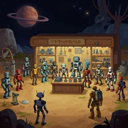 in front of a store selling robots and robot parts, in a remote outpost, on an alien planet, from a space themed point and click 2 d graphic adventure game, set design inspired slightly by [ [ [ [ tomb raider ] ] ] ], art inspired by ( thomas kinkade ) and mark keathley