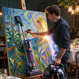 a man on a romantic dinner date with a vaccum clearner painting french