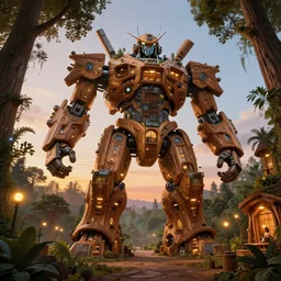 giant wooden mecha building futuristic giant wooden tree trunk buildings, organic wooded shops, solarpunk, organic bioluminescent street lights, forest canopy understory, cinematic lighting, sunset, octane render, digital cgi rtx hdr painting, highly detailed, artstation cgsociety masterpiece, by syd mead, greg rutkowski, wlop, artger