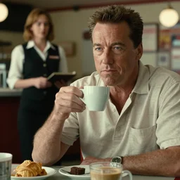 arnold schwarzenegger as visitor in hat and shirt drink coffee, sigourney weaver as waitress on background, screen short from mafia 2, game screenshot, 1 9 3 0 style, diner caffee