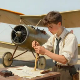 a hyper realistic digital painting of a student of aeronautics trying to build a wwi airplane