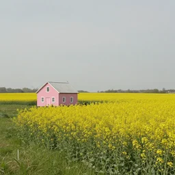 photo of a meadow with a small pink farm house and rapeseed field, still frame from a wes anderson movie, 1 6 mm f 1. 4 lens, nikkor, canon, sigma, awardwinning landscape photography