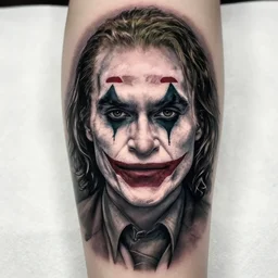 tattoo design of margot robbie with joker makeup, ace card, in the style of matteo pasqualin, realistic face, black and white, realism tattoo, hyper realistic, highly detailed