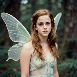 autochrome photographic portrait of emma watson as a fairy, fairy wings in the forest