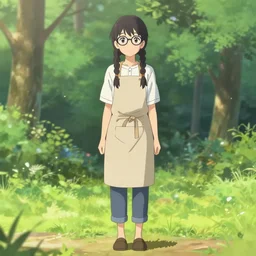 a beautiful full body portrait of a young attractive woman with twin braids, wearing glasses and an apron standing in a park, symmetric and beautiful face, makoto shinkai, james gilleard, ilya kuvshinov, very detailed, matte, gaussian blur, tone mapped William-Adolphe, trending on pixiv
