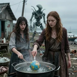 she makes the deep boil. dark fantasy story about two casually - dressed women in a dirty seaside town, a globster, and a beautiful song. color cinematic still from an action - packed 2 0 1 1 demonic!! hybridizing alien - robot invasion science - fiction blockbuster movie ; highly - detailed.