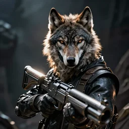 butler with wolf face, dystopian, cinematic lighting, horror scene, big gun, black mask, octane render