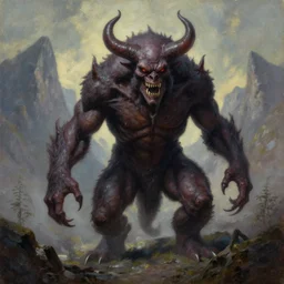 a monster in the mountains of hell, oil painting by tomasz jedruszek and stephen king, the master of horror, cinematic lighting, pen and ink, intricate line, hd, 4 k, million of likes, trending on artstation