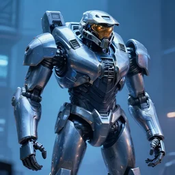 a telephoto closeup photo of the chrome terminator robot in a massive mass effect halo robot factory at night,blue haze, volume metric lighting, retracing, unreal, concept art cyperpunk video game poster design with intricate details :: magic the gathering, Battlestar Galactica, neon lighting, lens flare, rich vibrant colors, High contrast, blizzard concept artist, moebius, syd mead