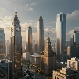 A futuristic city where every building has a clock on it, cityscape, wide shot