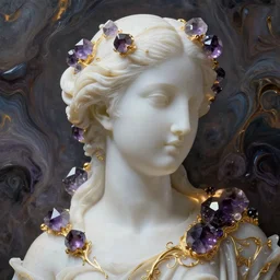 abstract highly detailed female sculpture portrait made of white marble and dark amethyst crystals quartz, ethereal lights, fine details, artstation, film still, rim light, cinematic photoshooting, luxury, 8 k, intricate golden filigree, octane render, hypperrealistic painting, abstract liquid acrylic art by renoir