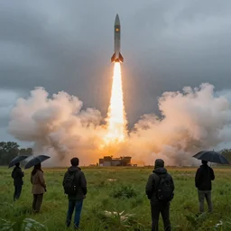 people looking at missile takes off from meadow, rainy day, hyperdetailed, artstation, cgsociety, 8 k