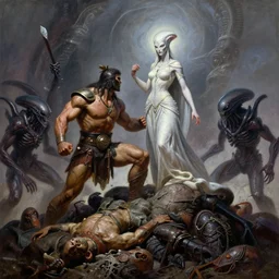 “ an epic scene of a muscular warrior and a beautiful alien princess standing on top of a pile of corpses while fighting off mutant alien attackers, scifi painting by frank frazetta, fantasy, science fiction ”