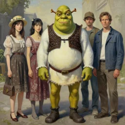 pop surrealism, lowbrow art, realistic shrek!!!!!!!!!!!!!!!!!!! painting, japanese street fashion, hyper realism, muted colours, rococo, natalie shau, loreta lux, tom bagshaw, mark ryden, trevor brown style,