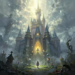 a magic kingdom, a view to an eerie fantasy world, ethereal back light, mist, coherent composition, detailed fantasy painting by artgerm, noriyoshi ohrai, yuumei, stephen bliss, unreal engine, fantasy art by greg rutkowski, loish, rhads, ferdinand knab, makoto shinkai, lois van baarle, ilya kuvshinov, rossdraws, tom bagshaw, alphonse mucha, global illumination, radiant light, detailed and intricate environment