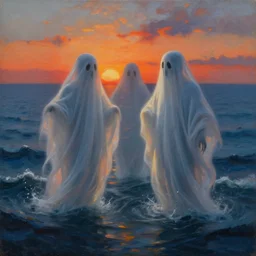 detailed beautiful dramatic painting of ghosts over the ocean at sunset