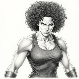 angry muscular jennifer connelly as neo in the matrix movie, afro samurai manga style, pencil and ink, wasteland landscape, wide angle lens, full body profile, dramatic lighting, black and white