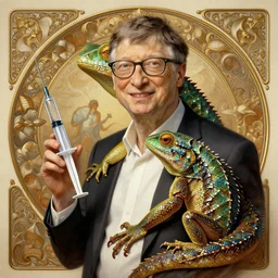 bill gates as a lizard reptile!!!, holding a syringe, portrait, intricate, elegant, highly detailed, digital painting, artstation, concept art, wallpaper, smooth, sharp focus, illustration, art by h. r. giger and artgerm and greg rutkowski and alphonse mucha