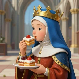 closeup profile portrait of a tin toy medieval nun wearing a crown eating cakes in the cathedral, bosch, hyper realistic, artstation, illustration, digital paint, matte paint, vivid colors, bright, cheerful, detailed and intricate environment