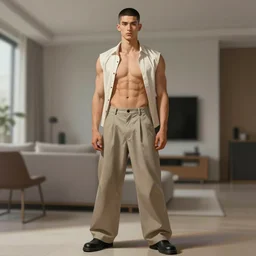 full body portrait of a single beautiful young fit man, modern haircut, open shirt, large pants, by greg rutkowski and alphonse mucha, d & d character, in front of a modern room background, highly detailed portrait, digital painting, artstation, concept art, smooth, sharp focus ilustration, artstation hq
