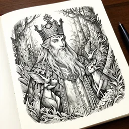 sketchbook ink king and forest spirits, magnificent, close up, details, sharp focus, elegant, highly detailed, illustration, by jordan grimmer and greg rutkowski, intricate, beautiful, trending artstation, pixiv, digital art