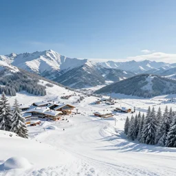 beautiful Nier Automata landscape at a ski station, winter