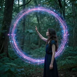 woman touches astral portal in the forest, mikko lagerstedt, tokujin yoshioka