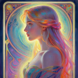 side portrait, imogen poots paladin, gloomhaven, soft, smooth, luminescent oil painting, art nouveau tarot, backlit glow, ripples, swirly vibrant color lines, neo - gothic, gaudy colors, aesthetic octane render, 8 k, by ilya kuvshinov, cushart krent, gilleard james