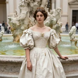 portrait, women wearing fine clothes posing around a fountain baroque style 1 6 5 6 inspired by diego velasquez 2 2 ft distance