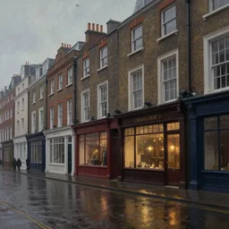 Victorian city street with front view of shops on a rainy day in London, evening, low angle view, detailed matte painting, cinematic, John Atkinson Grimshaw, Artstation