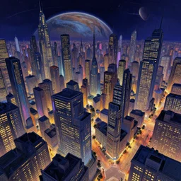 cloisonnism high angle street view of epic intricate city with neon - lit windows on a planet in no mans sky, masterpiece, asymmetrical, rule of thirds, beautiful composition, bekskinski, syd mead, moebius