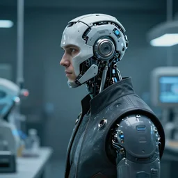 a laboratory technician man with cybernetic enhancements seen from a distance, scifi character portrait by greg rutkowski, craig mullins, 1 / 4 headshot, cinematic lighting, dystopian scifi outfit, profile picture, mechanical, cyborg, half robot