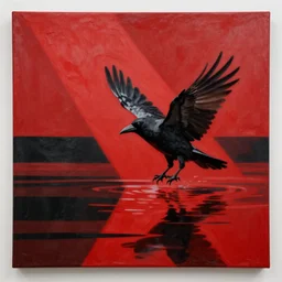 canvas coated with red paint, black stripes, crow flying out of water, matte paint, alberto seveso