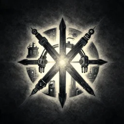 a company logo, concept art, stylized, symmetrical, illuminated lighting, neural network design, robotics, programming, industrial, manufacturing, single logo, centered, symbol, shaded, dark shadows, dynamic lighting, watercolor paint, rough paper texture, dark background, dark mode, 4 k, pencil marks, genius party, shinjuku, koji morimoto, katsuya terada, masamune shirow, tatsuyuki tanaka hd,