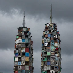 two towers, made up of makeshift squatter shacks with faded colours, misty, windy, dark clouds, dystopia, hasselblad x 1 d, fully frontal view, very detailed, ultra sharp, photographed by jeanette hagglund and ansel adams